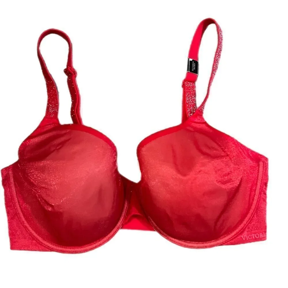 Victoria’s Secret Lined Perfect Coverage underwire Shine mesh bra Red 32DD